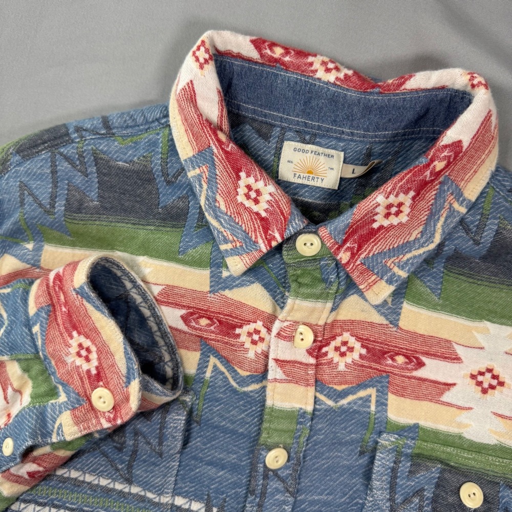 Faherty Doug Good Feather Canyon Overshirt Mens L Blue Southwestern Geometric